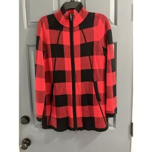 Adrienne Vittadini Cardigan Sweater Jacket M Buffalo Plaid Red Black Full Zip
